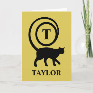Tarjeta Inicial de nombre monograma Gatito Amante Oro Negr