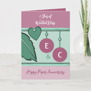 Tarjeta Iniciales de aniversario de un año de papel lavand