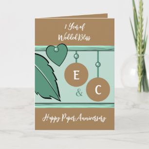 Tarjeta Iniciales del aniversario de un año de papel de co