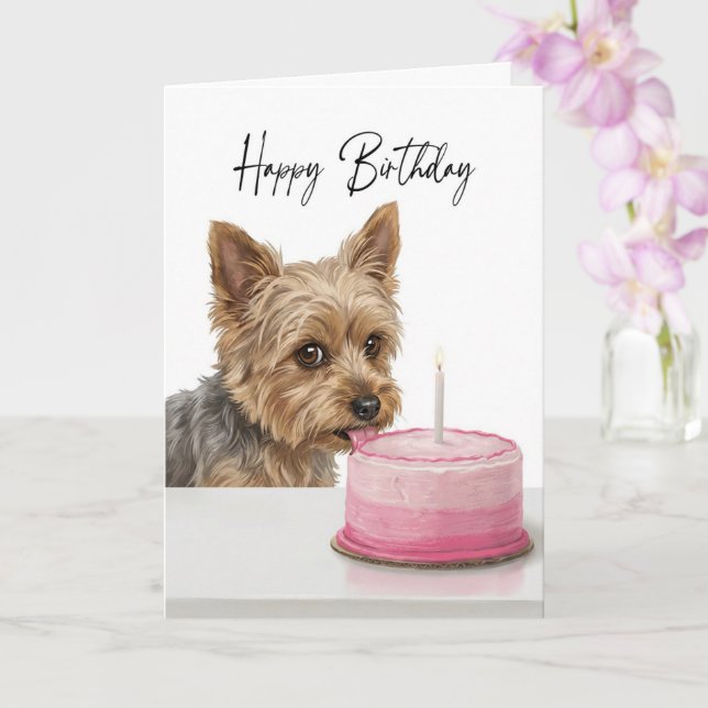 Tarjeta Inspector de pastel de cumpleaños de Yorkie (Orquídea)