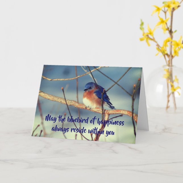 Tarjeta Inspiradora De Pájaro Azul De Felicidad (flor amarilla)
