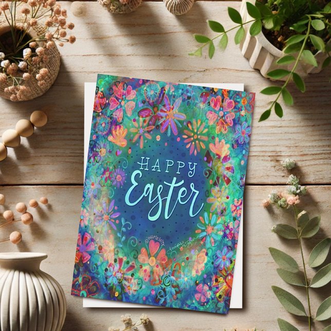 Tarjeta Inspirividad Floral Azul Bonito Feliz Pascua  (Subido por el creador)
