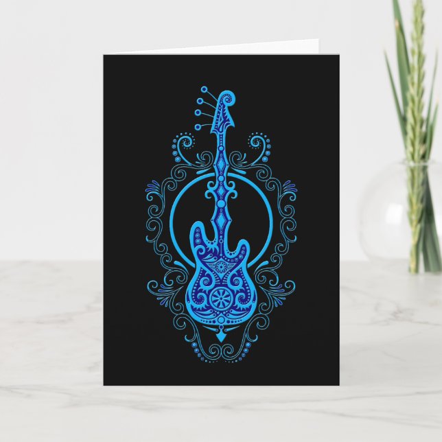Tarjeta Intrincado diseño de guitarra azul bajo negro (Anverso)