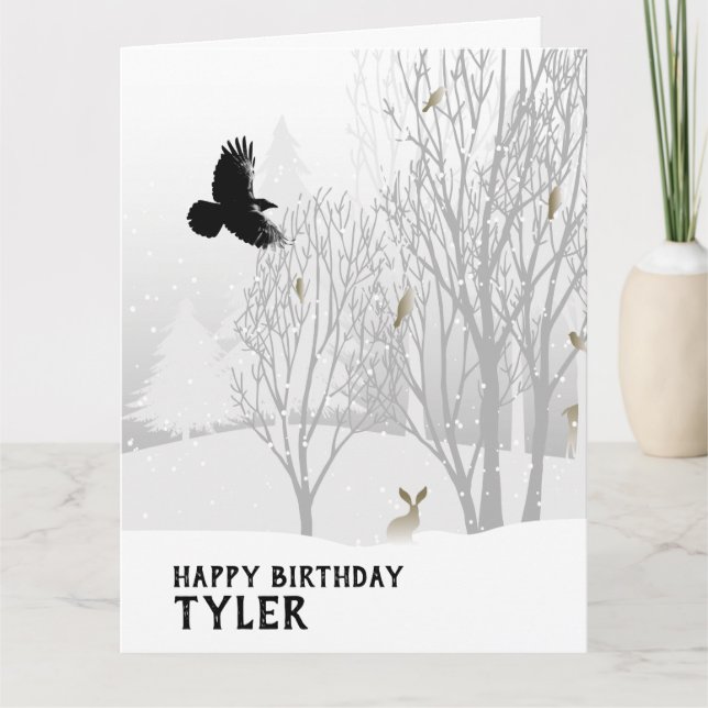 Tarjeta Invierno Cumpleaños Snowy Woodland Árboles Animale (Anverso)