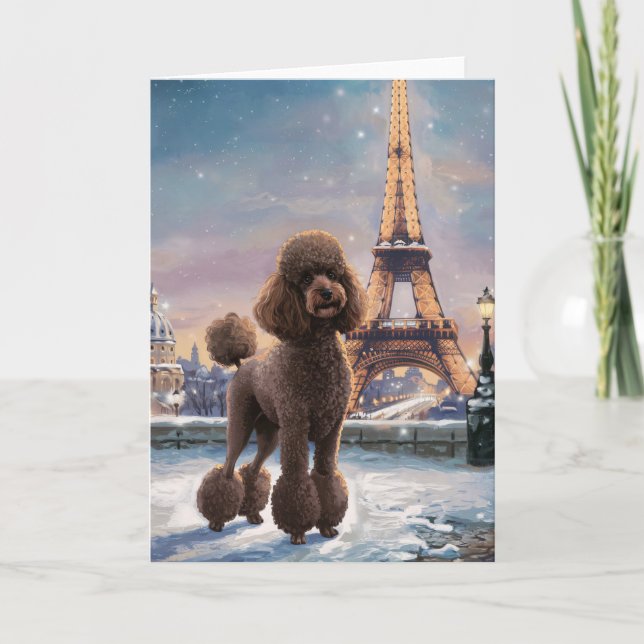 Tarjeta Invierno de caniche marrón en París pintura (Anverso)