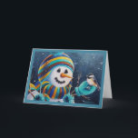 Tarjeta Invierno Snowman alimenta el arte acuático de las<br><div class="desc">La tarjeta de saludo de arte acuático "Semillas para el picadillo" del artista Jean Weiner "Semillas para el picadillo" presenta un pájaro dulce de pollo con tapa negra que se ha colgado en la migaja de un muñeco de nieve. Este pequeño y querido pájaro está listo para comer las semillas...</div>