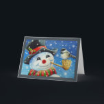 Tarjeta Invierno Snowman y arte acuático de aves de pollo<br><div class="desc">"Fast Friends" Tarjeta de bienvenida de arte acuático del artista Jean Weiner "Fast Friends" (Amigos rápidos) presenta un ave de pollo con cubierta negra y cubierta por una tubería de maíz de un hombre de nieve. El pájaro y el muñeco de nieve parecen estar intercambiando un saludo amistoso entre sí....</div>