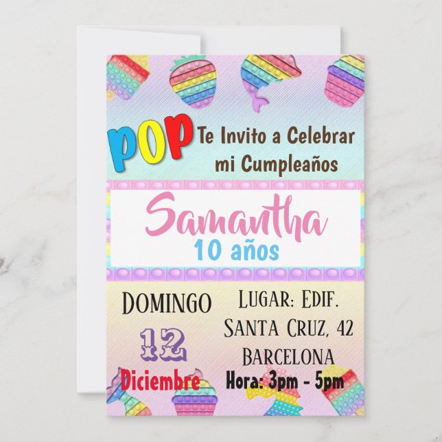 TARJETA INVITACION CUMPLEAÑOS POP IT PARTE CUMPLEA (Anverso)