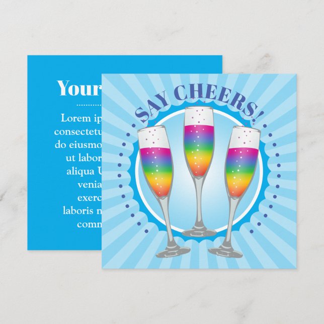 Tarjeta invitada de gafas de champán arcoiris de M (Anverso / Reverso)
