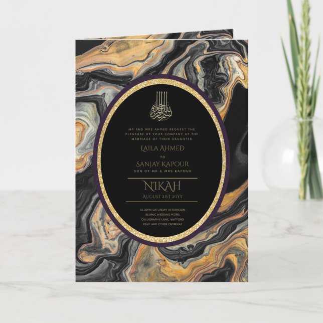 Tarjeta Invitan a la boda islámica LeahG Black Gold (Anverso)