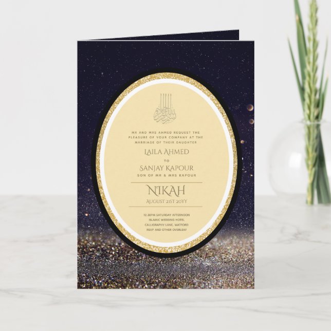 Tarjeta Invitan a la boda islámica LeahG Black Gold (Anverso)