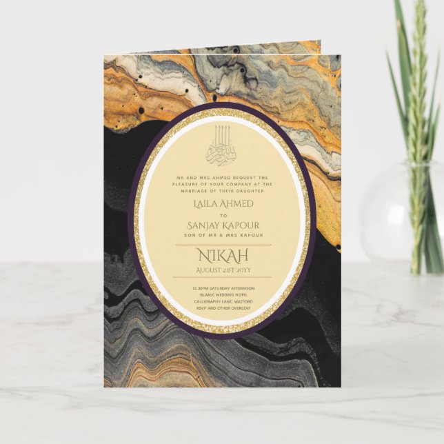 Tarjeta Invitan a la boda islámica LeahG Black Gold (Anverso)