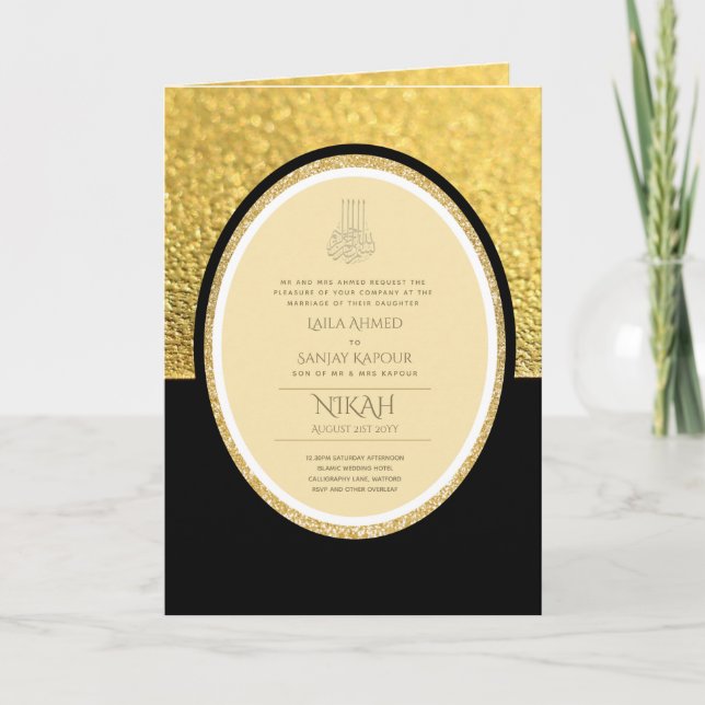 Tarjeta Invitan a la boda islámica LeahG Black Gold (Anverso)