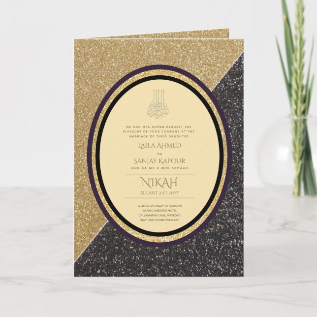 Tarjeta Invitan a la boda islámica LeahG Black Gold (Anverso)