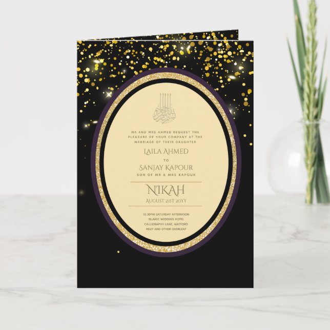 Tarjeta Invitan a la boda islámica LeahG Black Gold (Anverso)