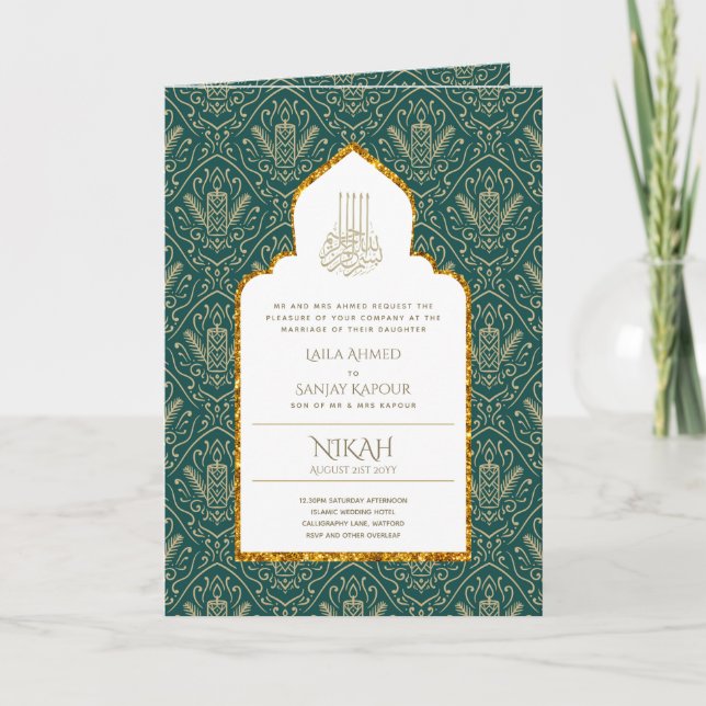 Tarjeta Invitan a la boda islámica LeahG Green Gold (Anverso)