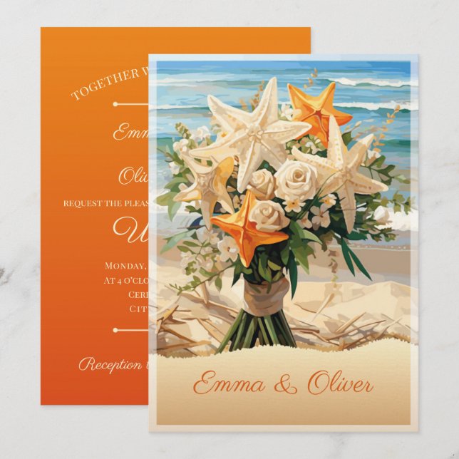 Tarjeta invitativa Starfish para bodas de playa (Anverso / Reverso)