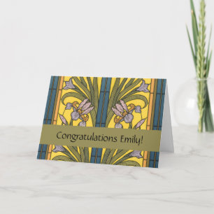 Tarjeta Iris Flor Art Nouveau Vidrio Manchado Oro Azul