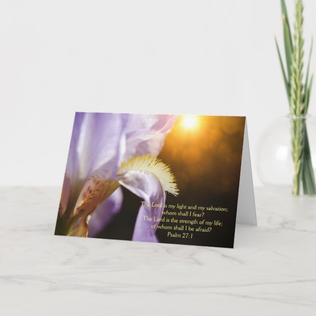 Tarjeta Iris Flower Sunlight and Scripture Psalm 27:1 (Anverso)