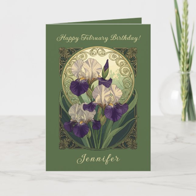 Tarjeta Irises February Birthday Flowers Art Nouveau Style (Anverso)