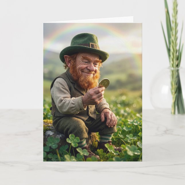 Tarjeta Irish Leprechaun Admiring a Gold Coin (Anverso)