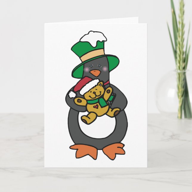 Tarjeta Irish Penguin Holding Christmas Teddy Bear (Anverso)