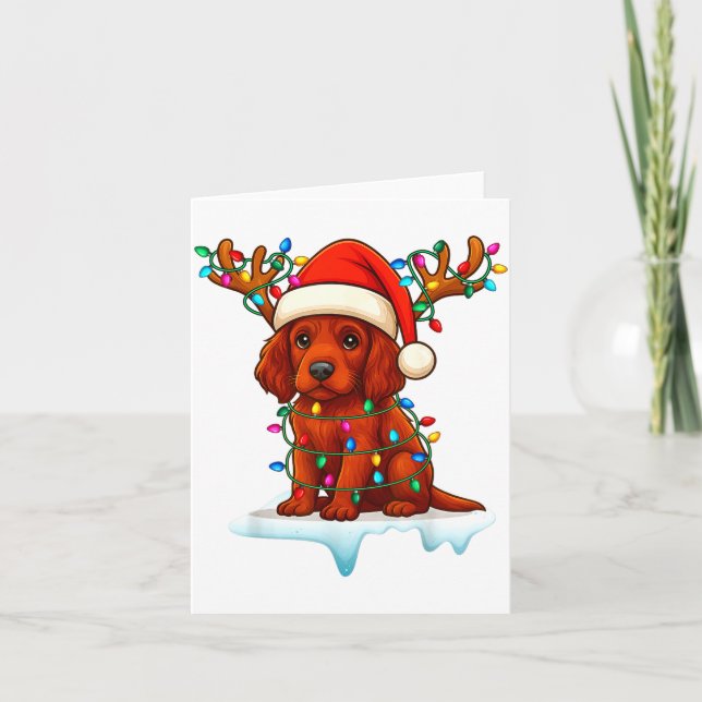 Tarjeta Irish Setter Christmas Santa Hat Reindeer Lights P (Anverso)