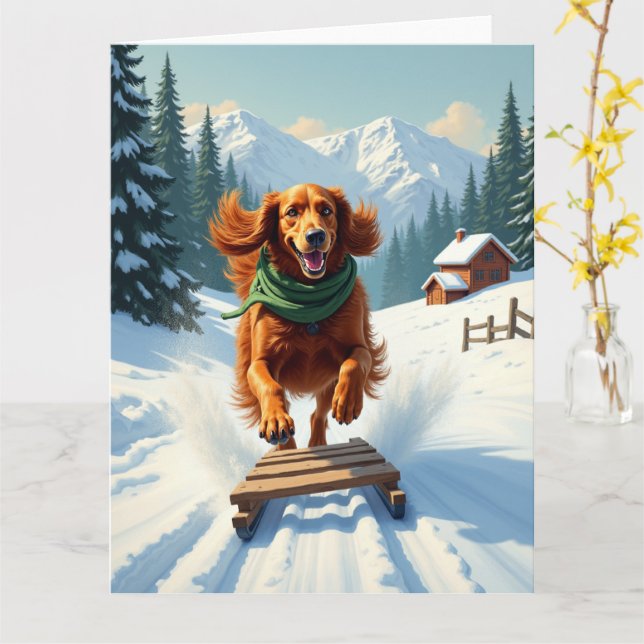 Tarjeta Irish Setter Sledding Adventure Christmas Painting (flor amarilla)