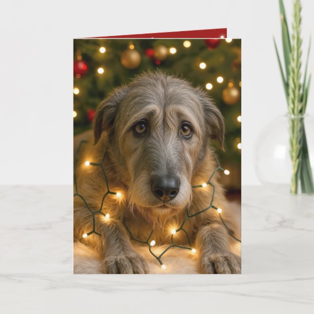 Tarjeta Irish Wolfhound Tangled In Holiday Lights (Anverso)