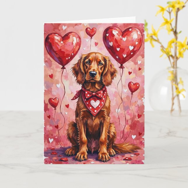 Tarjeta Irlandés Setter Rojo de San Valentín sentado con c (flor amarilla)
