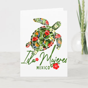 Tarjeta Isla Mujeres México Tortuga Marina Hibisco Tropica