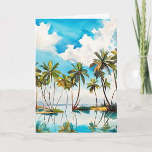 Tarjeta Isla Soleada Acuarela Palmeras Playa v4