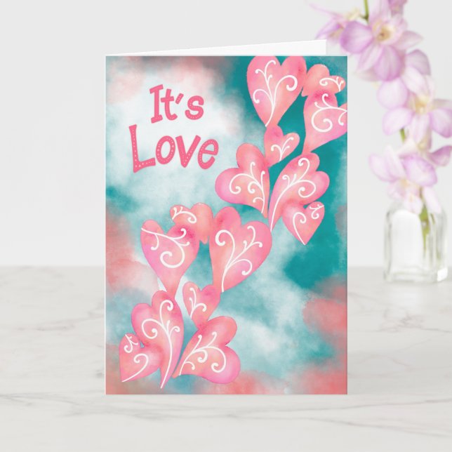 Tarjeta It’s Love – Pink & Teal Heart Cascade (Orquídea)