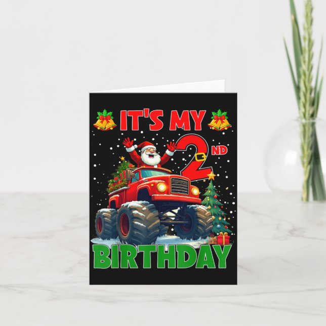 Tarjeta It’s My 2nd Birthday Xmas Santa Monster Truck Chri (Anverso)