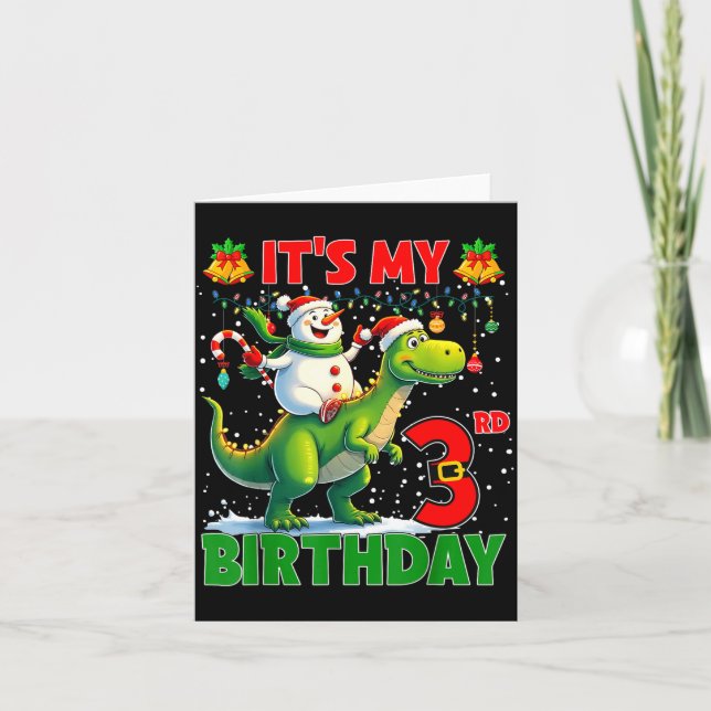 Tarjeta It’s My 3rd Birthday Xmas Snowman Riding Dinosaur  (Anverso)