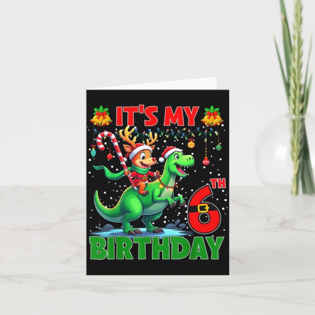 Tarjeta It’s My 6th Birthday Xmas Reindeer Riding Dinosaur (Anverso)