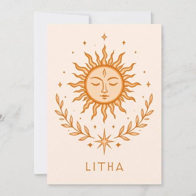Tarjeta itha Celestial Sun Face Botanical Wreath Art (Anverso)
