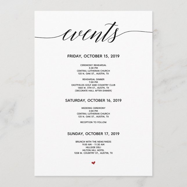 Tarjeta Itineraria Boda de caligrafía simple y ele (Anverso)