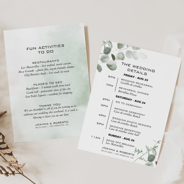 Tarjeta Itineraria minimalista Boda Eucalyptus (Subido por el creador)