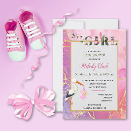 Tarjeta It's A Girl Floral Stork Baby Shower Invitation