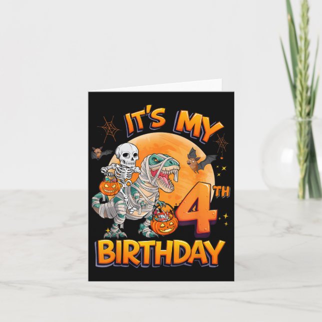 Tarjeta Its My 4th Birthday Dinosaur Skeleton Mummy Hallow (Anverso)