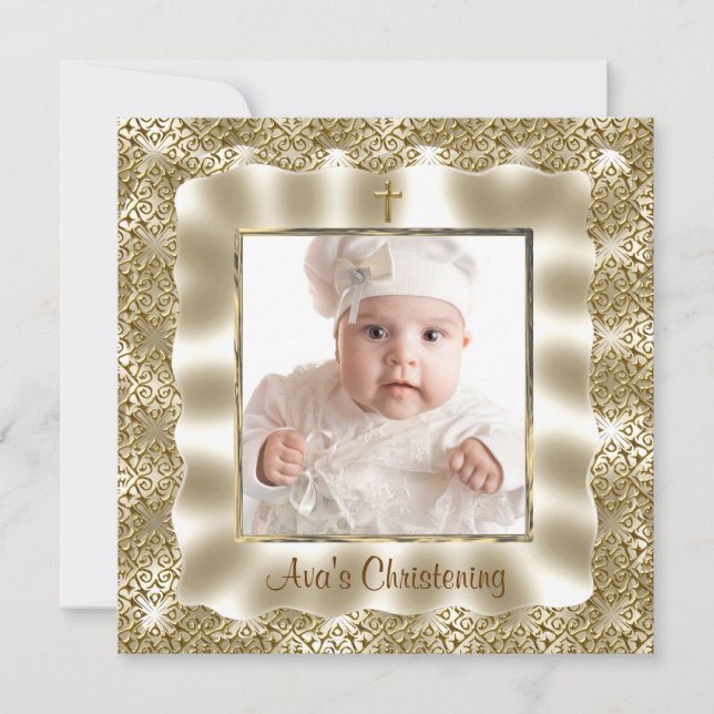 Tarjeta Ivory Gold Lace Baby Photo Baptism Christening (Anverso)