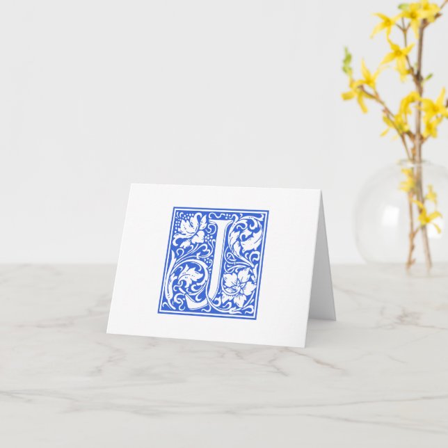 Tarjeta J inicial y sobre William Morris Blue (flor amarilla)