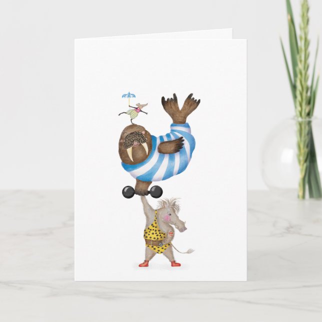 Tarjeta Jabalí de circo vintage forzudo con morsa (Anverso)