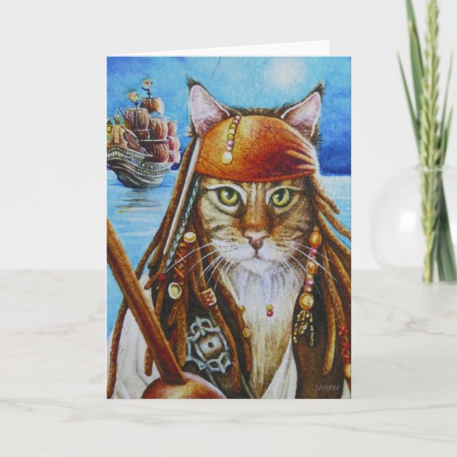 Tarjeta Jack de gato pirata Maine Coon y arte acuarela de  (Anverso)
