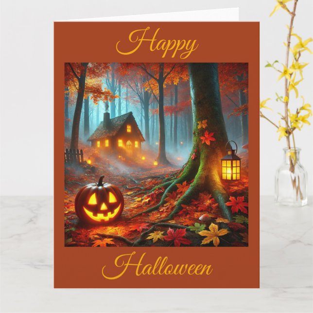 Tarjeta Jack O'Lantern en un bosque fantasmal en Halloween (flor amarilla)