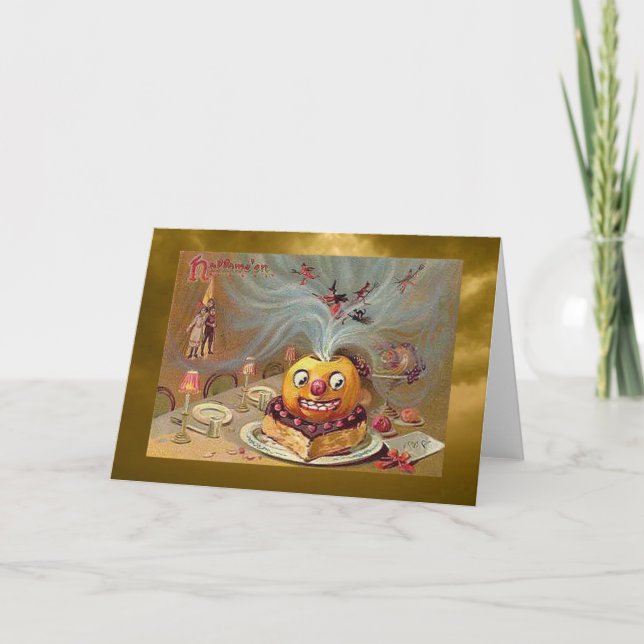 Tarjeta Jack o'Lantern vintage con brujas (Anverso)