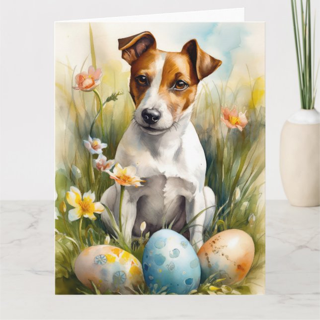 Tarjeta Jack Russell con huevos de Pascua (Anverso)