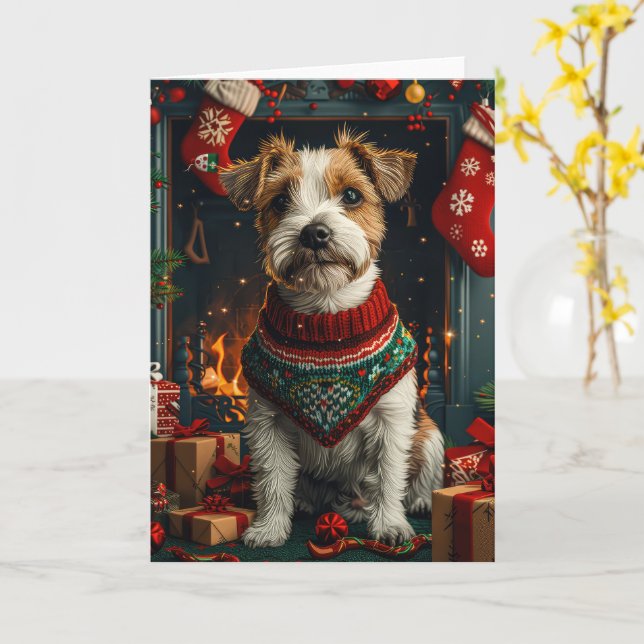 Tarjeta Jack Russell Dog Con Chimenea De Regalos Navidades (flor amarilla)