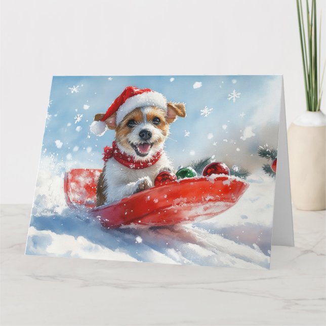 Tarjeta Jack Russell Dog en Sledge Let it Snow Navidades (Anverso)